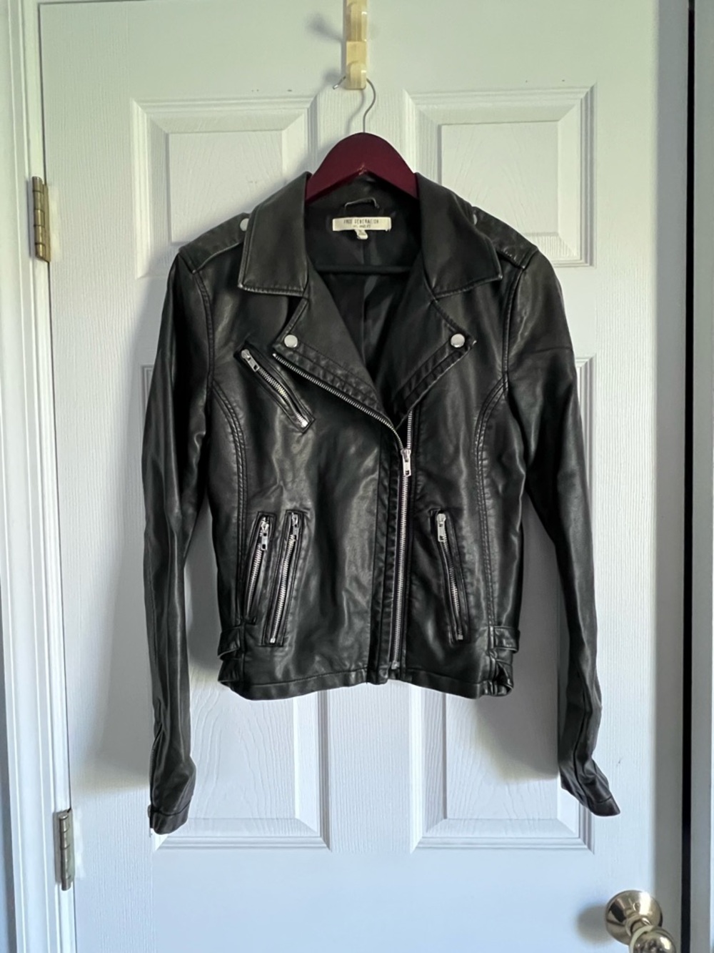 Free Generation Black Faux Leather Moto Jacket with Zip Details
